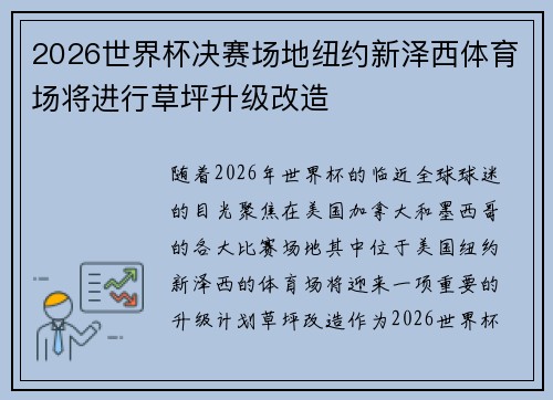 2026世界杯决赛场地纽约新泽西体育场将进行草坪升级改造